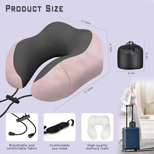 Neck Travel Pillow, Upgraded Memory Foam Pillow for Airplane, Machine Washable, Adjustable Flight Pillow, Suitable for Sleeping Airplane, Car, Office and Home (Pink) - color: Pink