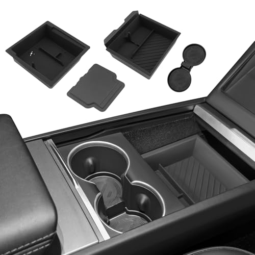 Center Console Organizer Tray for Model Y Juniper 2025 2026 & Model 3 Highland (2024-2026), Double-Layer Sliding Hidden Armrest Storage Box, Tesla Accessories (Matte Black) - size: 4PC(25-26) Tesla Model Y & (24-26) Tesla Model 3