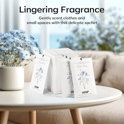 MYARO 12 Pack Fresh Linen Scented Sachets for Drawer, Closet & Car Air Freshener Bags | Odor Eliminator & Fabric Refresher | Crisp, Clean Home Fragrance Gift Set - color: Linen
