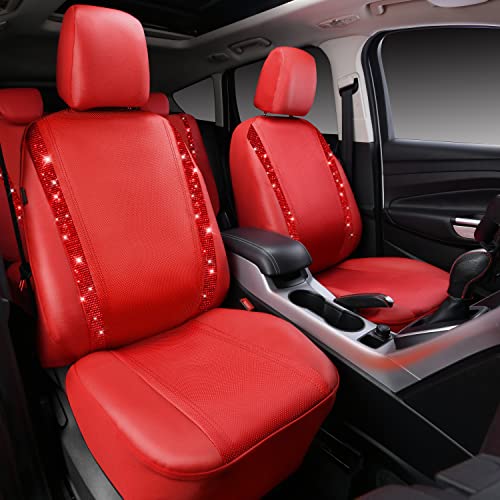 CAR PASS Bling Diamond Car Seat Covers Full Set, Shining Rhinestone Waterproof Faux Leather, Rear with Zipper, Universal Fit Automotive Glitter Crystal Sparkle Strips for Cute Women Girl, Red - color: Red Leather, size: Full Set