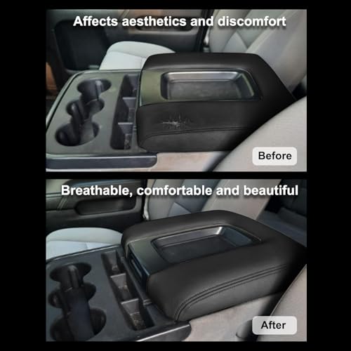 SecosAutoparts Black Leather Center Console Leather Lid Armrest Cover Replacement Compatible with Chevy Silverado GMC Sierra 2014 2015 2016 2017 2018 Black Made by Quality Automotive PVC Leather - color: Black Leather & Black Stitch