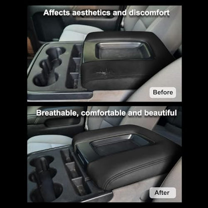 SecosAutoparts Black Leather Center Console Leather Lid Armrest Cover Replacement Compatible with Chevy Silverado GMC Sierra 2014 2015 2016 2017 2018 Black Made by Quality Automotive PVC Leather - color: Black Leather & Black Stitch