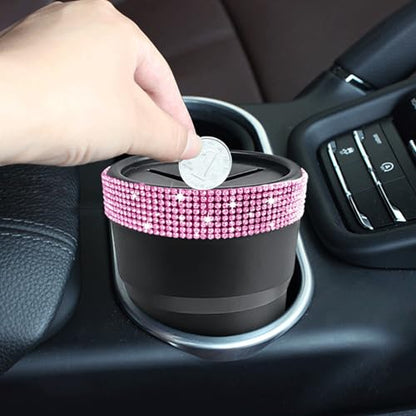 INSTOME Bling Car Trash Can with Lid，Bling Car Change Holder with Lid,Mini Trash Can Cup Holder in Console Pocket Dustbin Cans Portable for Car, Home, Office (Pink) - color: pink