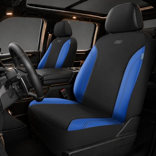 Skechers Car Seat Covers, Work Leather Seat Covers 5-Times Stronger Built-in Webbing, Oxford Fabric Front Seat Cover, Airbag Compatible, Automotive Comfort for Cars, Trucks, SUVs,Bule - color: Black&Blue, size: Two Front