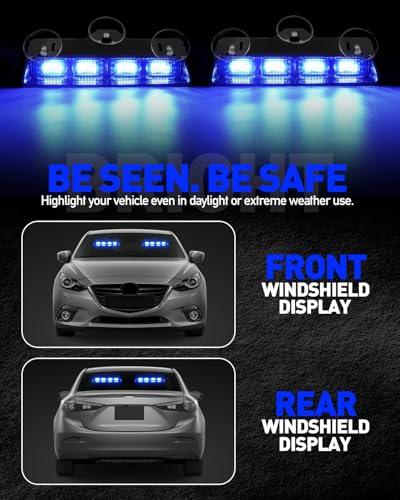 HLauto 2002L Emergency Dash Strobe Lights: Blue Safety Lights, Flashing Warning Hazard Windshield Visor Traffic Light Bars for Trucks, Construction Vehicles (2x8.5 inch, 48LED) - color: Blue