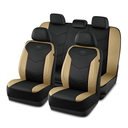 Skechers Memory Foam Seat Covers,Leather Car Seat Covers, Ultimate Comfort & Support Seat CoversFull Sets,Airbag Compatible, Automotive Universal Fit Most for SUVs, Vans, Sedans, Cars, Trucks,Beige - color: Black and Beige, size: Full Set (Front & Rear)