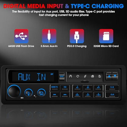 Single Din Retro Car Radio: European Style Stereo for Classic Vehicles - Bluetooth FM AM USB SD AUX USB-C Fast Charge 4-CHN 2 Subwoofer Outputs SWC