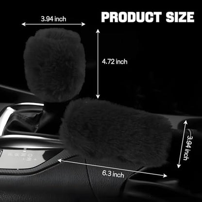 Hovom 2PCS Fluffy Car Gear Shift Knob Cover & Handbrake Cover, Soft Plush Hand Brake Handle & Gear Shift Cover for Women Girls, Universal Comfortable Warm Furry Car Accessories (Black) - color: Black