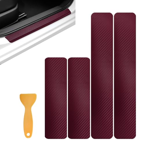 4 PCS Car Door Sill Protector, 3D Carbon Fiber Door Entry Edge Protection Trim Bumper Cover Strip, Anti-Scratch Threshold Protective Sticker Scuff Plate Guard for Most Vehicles (Wine Red) - color: Wine Red, 3D
