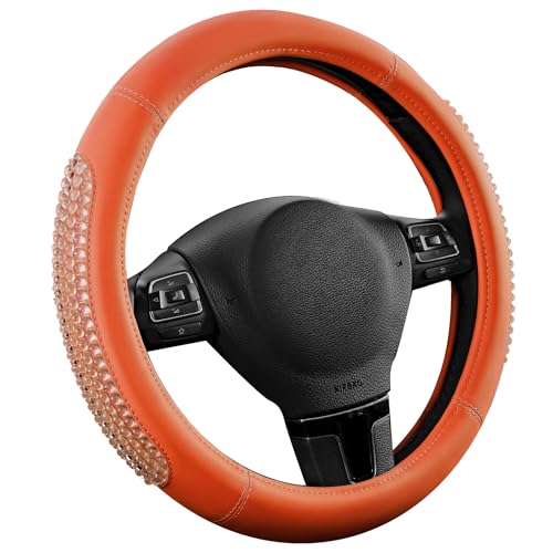 PIC AUTO Steering Wheel Cover, Glitter Gel Particles & Orange Luxury Leather Car Steering Cover, Universal Fit 14.5"-15.5" Anti-Slip Car Wheels Cover for Girls & Women - color: Orange