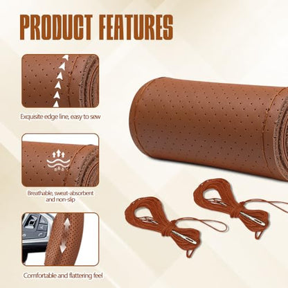 Leather Steering Wheel Cover Lace Up, Car Wheel Cover, Universal Car Steering Wheel Protector, 15 inch, Brown, Hole - color: Brown, size: 15 inch - Hole