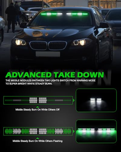 HLauto 604N Emergency Dash Strobe Lights: 2x16.8 inch Green White Security Light with/Take Down, 48 LED Safety Flashing Warning Hazard Interior Windshield Light Bar for Trucks Vehicles - color: #05 Green White