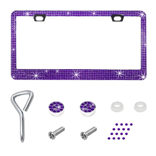 Bling License Plate Frame, Stainless Steel Glitter Crystal Diamond License Plate Cover Holder, Sparkly Bedazzled Rhinestone Car Tag Covers for Women, Car Accessories (Purple) - color: Purple, size: 1PCS