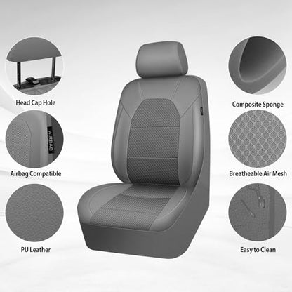 CAR PASS Leather Car Seat Covers Breathable Seat Cover Full Sets Airbag Compatible for Most Cars, SUVs, Trucks, and Vans (Full Set, Gray) - color: Solid Gray, size: Full Set
