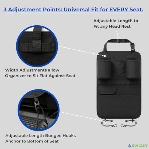 Swigzy Premium Seat Back Organizer & Kick Mat Protector with Large Water Bottle Holders - Cordura Nylon Auto Storage - Laptop Pocket & Sag-Free Adjustable Fit
