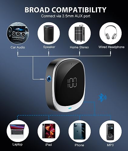 COMSOON AUX Bluetooth Adapter for Car, [LED Screen] Bluetooth 5.3 Receiver for Speaker/Home Stereo/Wired Headphones, 3.5mm Wireless Audio Receiver for Hands-Free Call/Music, Dual Connection