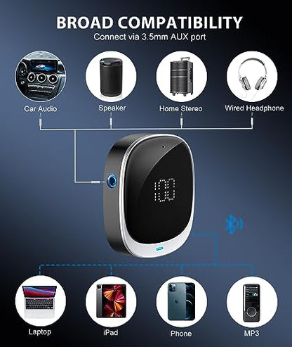 COMSOON AUX Bluetooth Adapter for Car, [LED Screen] Bluetooth 5.3 Receiver for Speaker/Home Stereo/Wired Headphones, 3.5mm Wireless Audio Receiver for Hands-Free Call/Music, Dual Connection