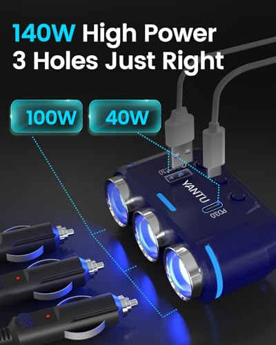 YANTU QC3.0&PD 40W Cigarette Lighter Adapter, 3-Socket 140W Cigarette Lighter Splitter with 12v USB Outlet,Car Charger Adapter with Double/Dual/USB C Charger Multi Port/Plug Outlet for Car Devices - color: B39-120W-blue