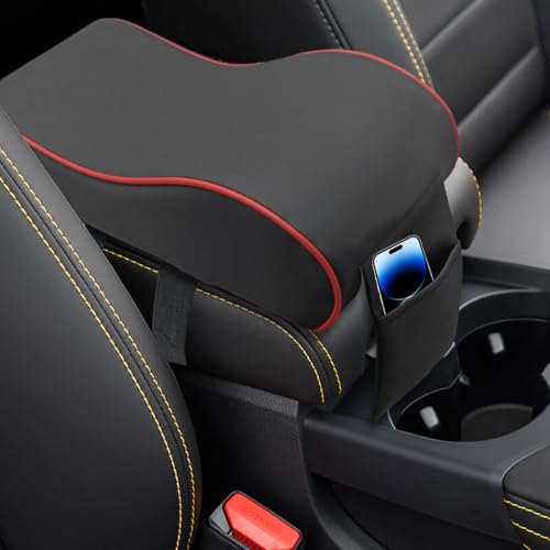 BDZMC Car Armrest Cushion, Memory Foam Car Center Console Pillow Cushion with Phone Holder Storage Bag, Leather Arm Rest Pillow Cover, Universal Car Armrest Pad Accessories (Black/Red) - color: Black/Red