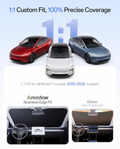 Windshield Sun Shade for Tesla Model Y 2020-2026 (Juniper), 100% UV Block & Heat Insulation, Custom Fit Sunshade, Foldable Car Sunshade with Storage Bag, Protect Interior Accessories - size: Model Y (2020-2026)