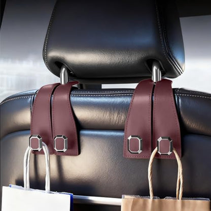 2PCS Car Headrest Hooks, Nappa Leather Metal Vehicle Double Seat Back Storage Hook for Purse Bag Coat, Multifunctional Automotive Interior Hanging Hanger, Universal Fit (Brown) - color: Brown