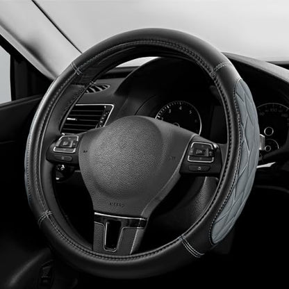 PIC AUTO Steering Wheel Cover, Gray Thick Rhombic Foam and Premium Leather, Universal 14.5-15.5 Inch Breathable Anti-Slip Steering Wheels Accessories for Men & Women - color: Gray
