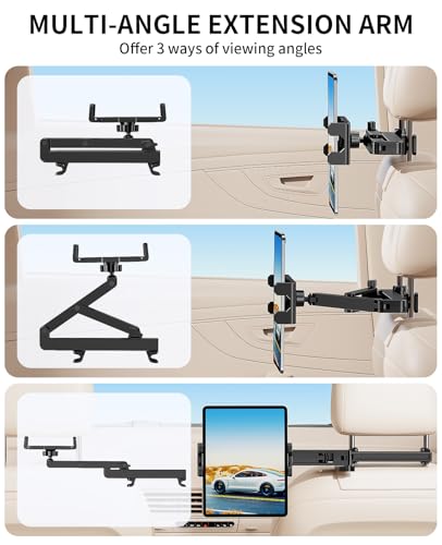 Tablet Holder for Car Headrest [3 in 1 Sturdy upgrade Extension Arm] Adjustable iPad Car Mount for BackSeat, Road Trip Essentials for Kids, Car Accessories for Women Interior for 4.7-12.9" Tablets