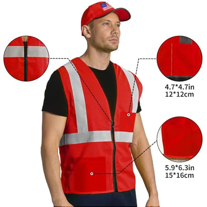 AYKRM 2 Pocket Mesh High Visibility Reflective Safety Vest for men & Women ANSI/ISEA 107 Standards - color: Red, size: X-Large