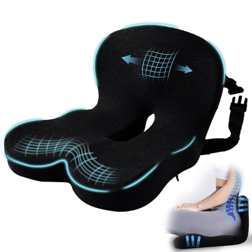 Ergonomic Seat Cushion with Adjustable Strap, Memory Foam Office Chair Seat Cushion with L-Shaped Design, Car Seat Cushion Fits for Truck Driver Semi Truck, Gaming Chair, Desk, Black - color: Black