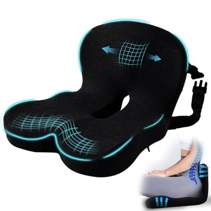 Ergonomic Seat Cushion with Adjustable Strap, Memory Foam Office Chair Seat Cushion with L-Shaped Design, Car Seat Cushion Fits for Truck Driver Semi Truck, Gaming Chair, Desk, Black - color: Black