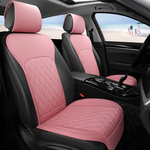 Universal Front Leather Car Seat Covers Pink 2 Pcs Luxury Seat Covers, Anti-Slip Waterproof Auto Driver Cushions Fit SUV Pickup Van Sedan, Chevy Silverado GMC Sierra Dodge Ram Tacoma Ford - color: Pink-FRONT PAIR
