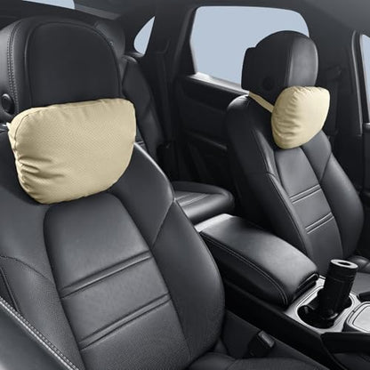 Car Neck Pillow, 2 Pack PU Leather Car Headrest Pillows with Adjustable Strips, Car Neck Support Ergonomic Du-Pont Bio Cotton Pillow, Head Rest Travel Pillow for Car (Beige, Soft Style) - color: Beige
