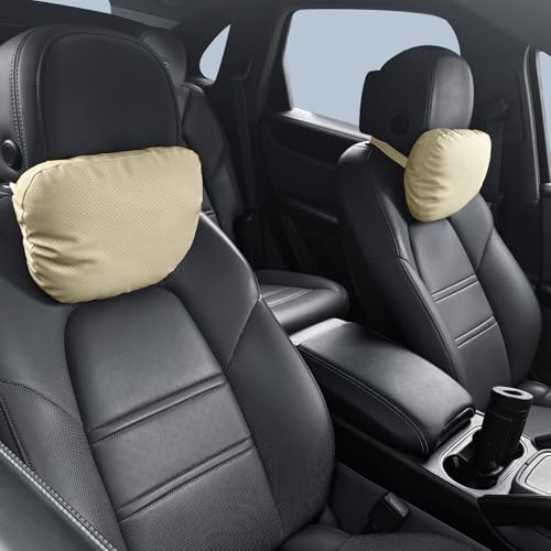 Car Neck Pillow, 2 Pack PU Leather Car Headrest Pillows with Adjustable Strips, Car Neck Support Ergonomic Du-Pont Bio Cotton Pillow, Head Rest Travel Pillow for Car (Beige, Soft Style) - color: Beige