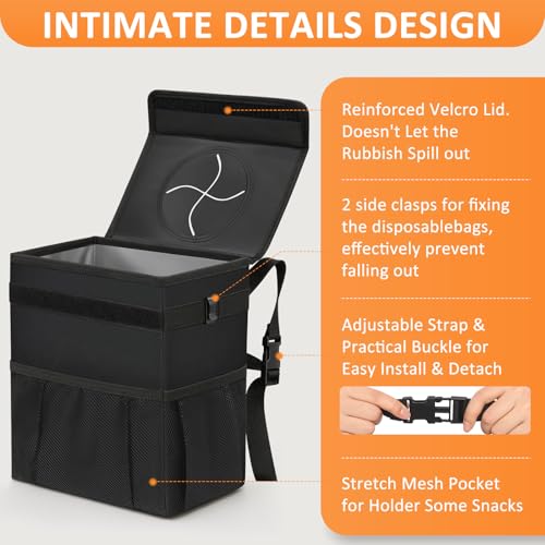 Vankor 3 Gallons Car Trash Can with Lid, Bag Bin Hanging Waterproof Automotive Car Garbage Cans Leak Proof Vehicle Trash Can Black - color: Black, size: 3 Gallons