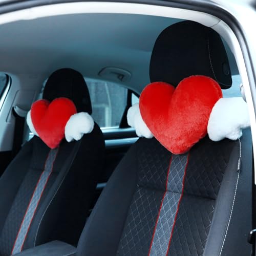 Macarrie 2 Pcs Plush Heart Shaped Pillow with Angel Wings Car Headrest Soft Comfortable Seat Pillow for Driving Travelling Room Office Car Decor, 19.7 x 8.3 Inch(Red) - color: Red