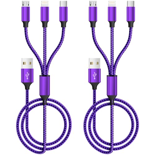 Multi Charging Cable [2Pack 4FT], 3 in 1 Charging Cable USB-A Multi Charger Cable, Braided Multiple Charger Cord with Type-C, Micro USB and IP Port for iPhone 16/15 Series/Cell Phones and More-Purple - color: Purple