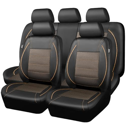 CAR PASS Piping PU Leather Car Seat Cover Full Set,Inside Zipper Design and Reserved Opening Holes,Airbag Compatible,Universal FIT for Car, SUVs,Van,Small Trucks（Full Set, Black & Gold） - color: Black and Gold