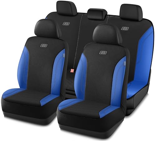 Skechers Car Seat Covers, Work Leather Seat Covers 5-Times Stronger Built-in Webbing, Oxford Fabric Seat Cover Full Sets, Airbag Compatible, Automotive Comfort for Cars, Trucks, SUVs,Blue - color: Black&Blue, size: Full Set
