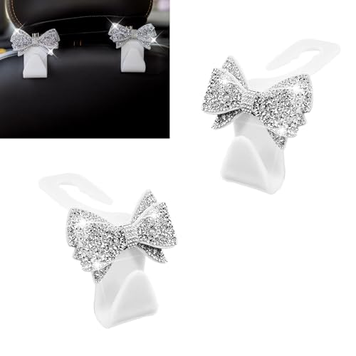 2 PCS Bling Bow Car Seat Headrest Hooks, Cute Rhinestone Bow Seat Back Hanger, Universal Vehicle Rear Seat Crystal Hook for Handbag, Clothes, Coats, Grocery Bags (White) - color: White