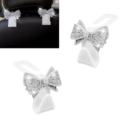 2 PCS Bling Bow Car Seat Headrest Hooks, Cute Rhinestone Bow Seat Back Hanger, Universal Vehicle Rear Seat Crystal Hook for Handbag, Clothes, Coats, Grocery Bags (White) - color: White