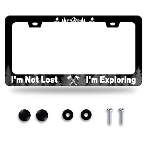 Funny License Plate Frame I'm Not Lost I'm Exploring License Plate Stainless Steel Mountain License Plate Holder Black Car Accessories Decoration With 2 Screws Fits Standard Vehicles Size 12.3" x 6.3" - color: Funny I'm Not Lost I'm Exploring