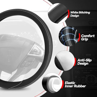 Auto Dynasty Steering Wheel Cover, Breathable Microfiber Leather Car Steering Wheel Protector with White Stitched, [14 1/2 to 15 Inches] Universal Fit Cars Trucks SUVs - color: Stitched White A