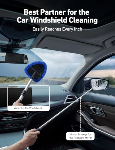 AstroAI Car Windshield Cleaner Tool, Window Cleaning Kit with 39in Car Mirror Squeegee, 4 Reusable Microfiber Pads and Extendable Handle, Blue - style: with a Mirror Squeegee