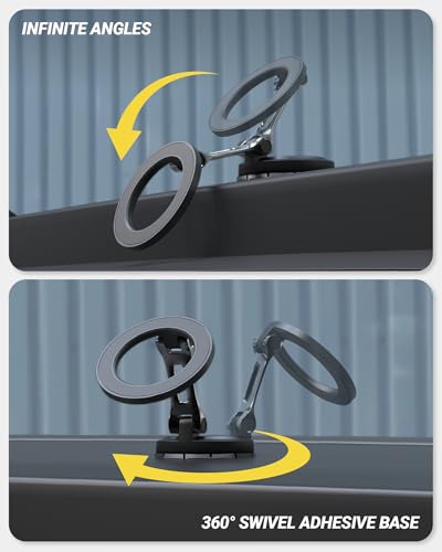 Scosche MagSafe Car Mount, Magnetic Phone Holder for Car Dashboard with Foldable Arm and 360° Swivel Adhesive Base, Secure Car Phone Mount for iPhone 17/16/15/14/13, Compatible with PopSockets