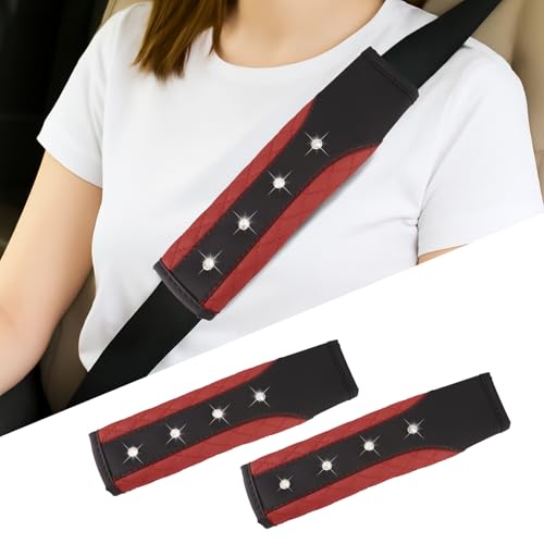 Hovom 2PCS Bling Car Seat Belt Cover Pad, Leather Seatbelt Covers for Cars, Soft Safety Seatbelt Shoulder Strap Covers, Rhinestone Auto Seat Belt Protector Cushion for Women Girls (Wine Red) - color: Wine Red