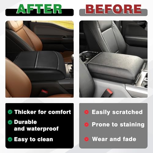 Muslogy Center Console Armrest Cover Fit for Ford F150 2021-2025 2026 Accessories, Comfort Armrest Pad Console Lid Cushion Vegan Leather 1-Inch Extra Thick(Bucket Seat ONLY) - size: 2) 21-25 |F150| Bucket Seat, +Thick