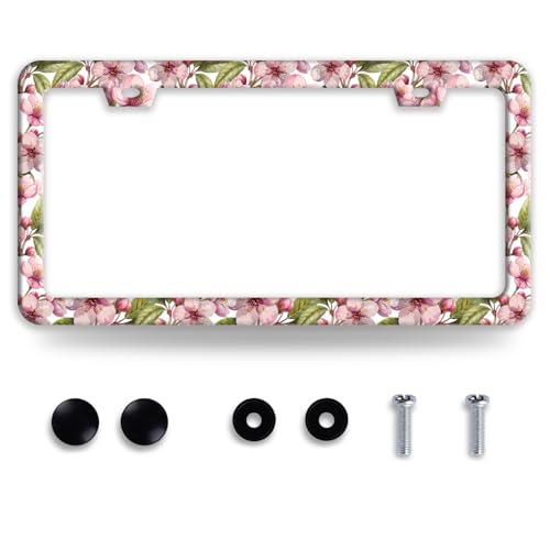 Pink Cherry Blossom License Plate Frame Beautiful Floral License Plate Frames Funny Stainless Steel Accessories Cars Decor with 2 Holes and Screws Fits Standard Us Ca Vehicles Holder 12.2 X 6 Inch - color: Pink Cherry Blossom