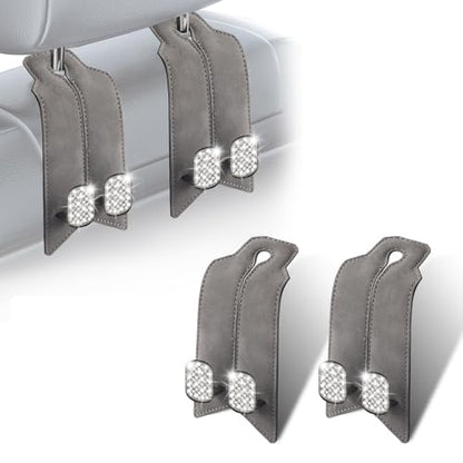 2Pcs Bling Car Headrest Hooks, Premium Leather & Sparkling Rhinestone Dual Metal Hooks, Back Seat Organizer for Bags, Coats, Purses and Groceries (Crystal Gray) - color: Crystal Gray 2Pcs