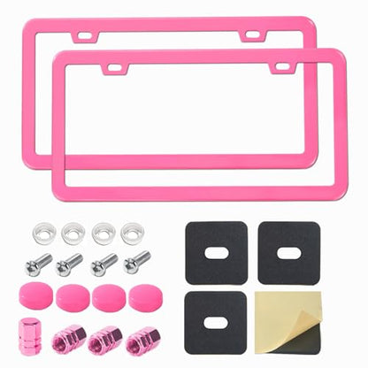 Pink License Plate Frame, Premium Fashion Matte Aluminum Alloy Holder with 2 Holes, 2 Pack Waterproof Rust-Proof Universal Car Frame for Women, Including Screws, Caps and Rattle Proof Pads - color: Pink