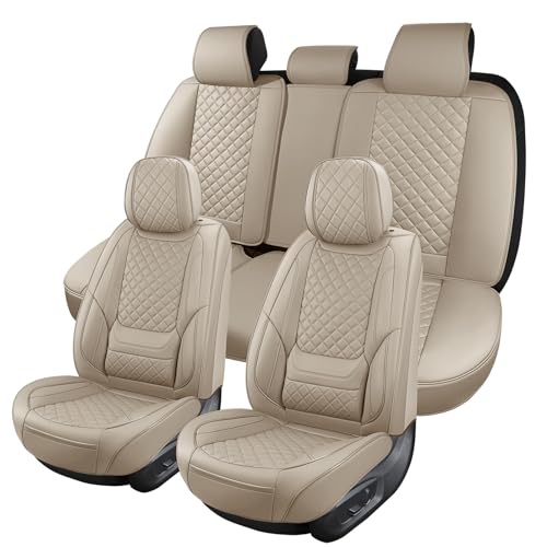 Beige Leather Car Seat Covers Full Set Breathable Seat Protectors Waterproof Automotive Seat Covers Universal Fit for Most Cars SUVs Trucks Vehicles - color: BEIGE4, size: Front and Rear